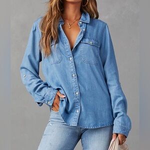 EUC Lucky 🍀 Brand light blue denim chambray button-down shirt XL
